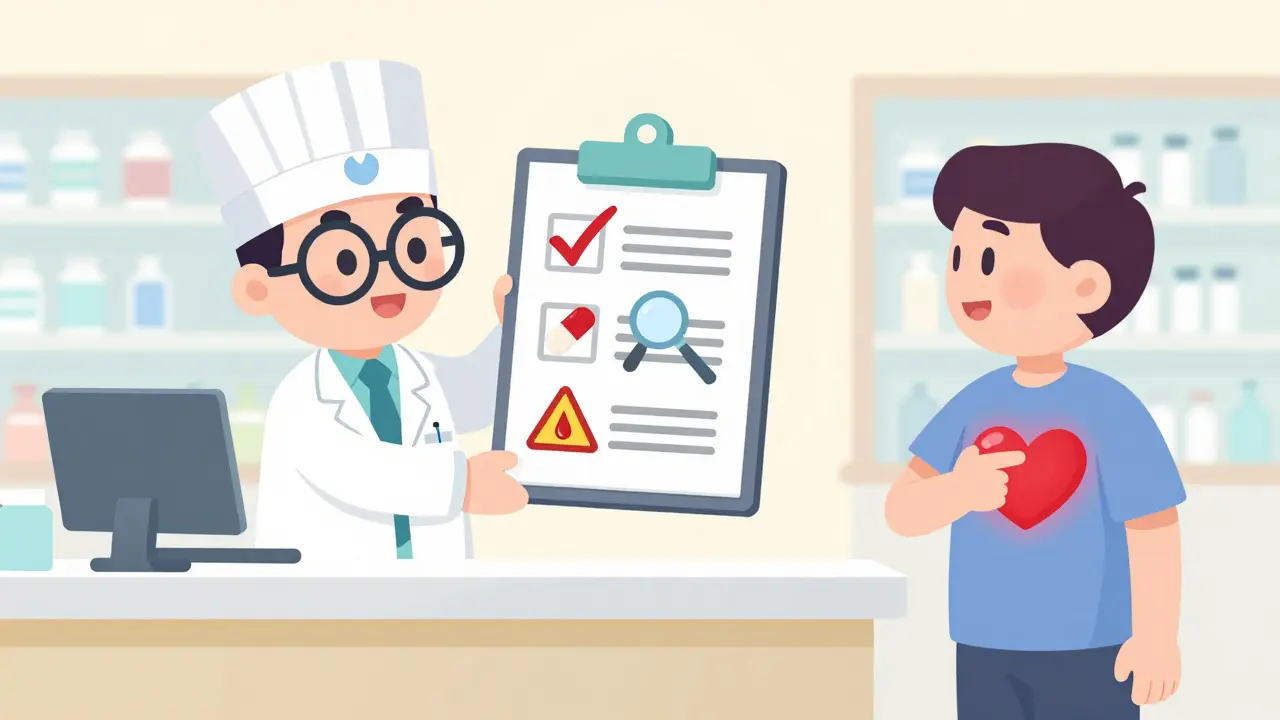 Cartoon pharmacist showing a checklist to a patient with a glowing heart