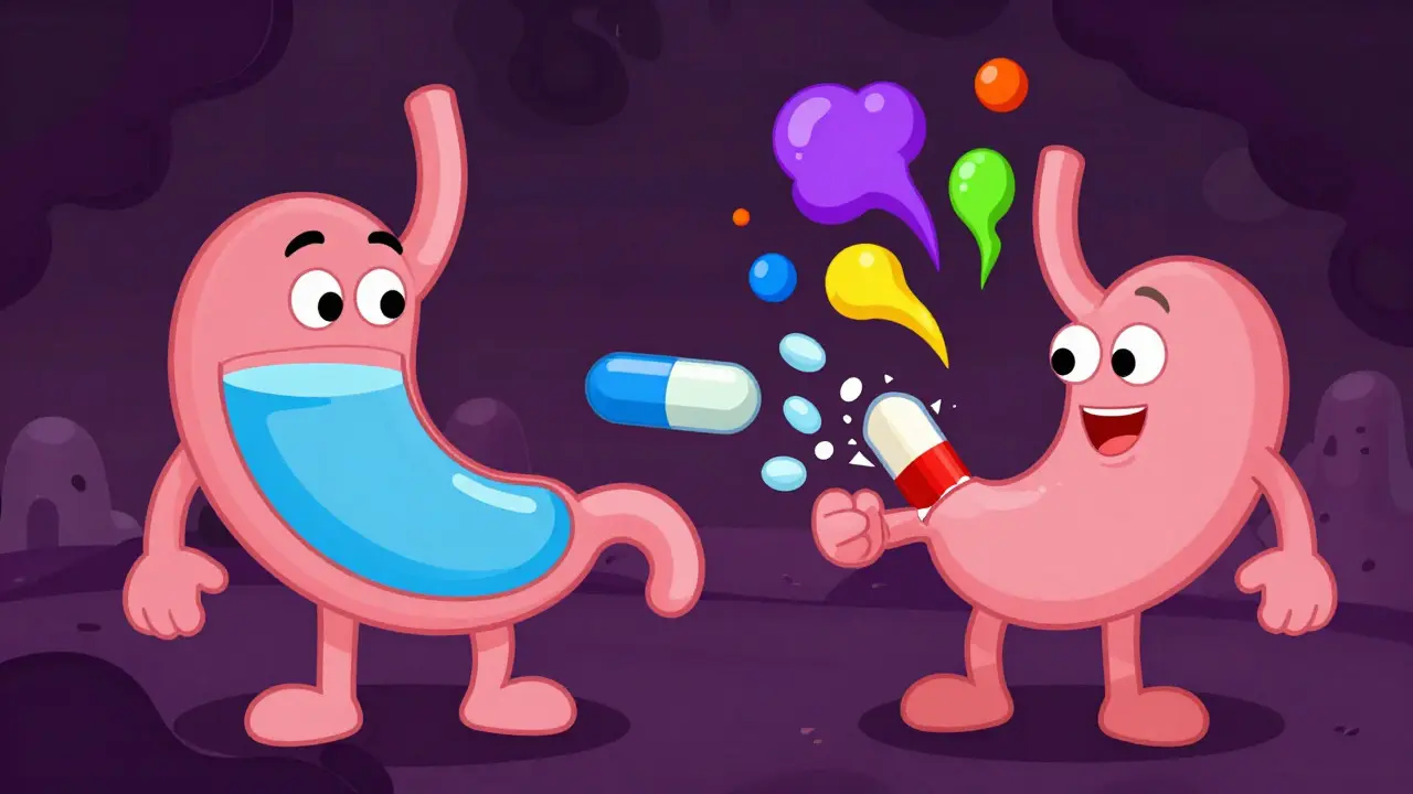 Cartoon pills dissolving differently in stomach showing absorption variance