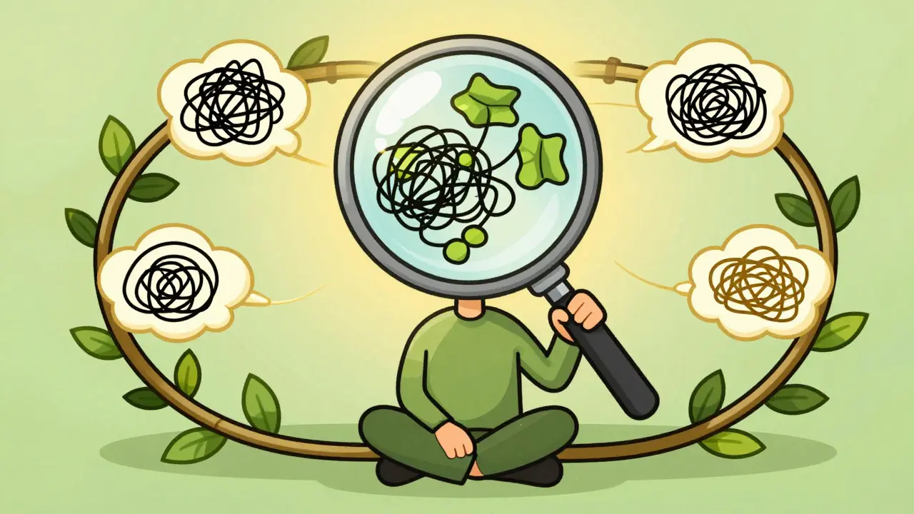 Character using a magnifying glass to organize chaotic thoughts in therapy