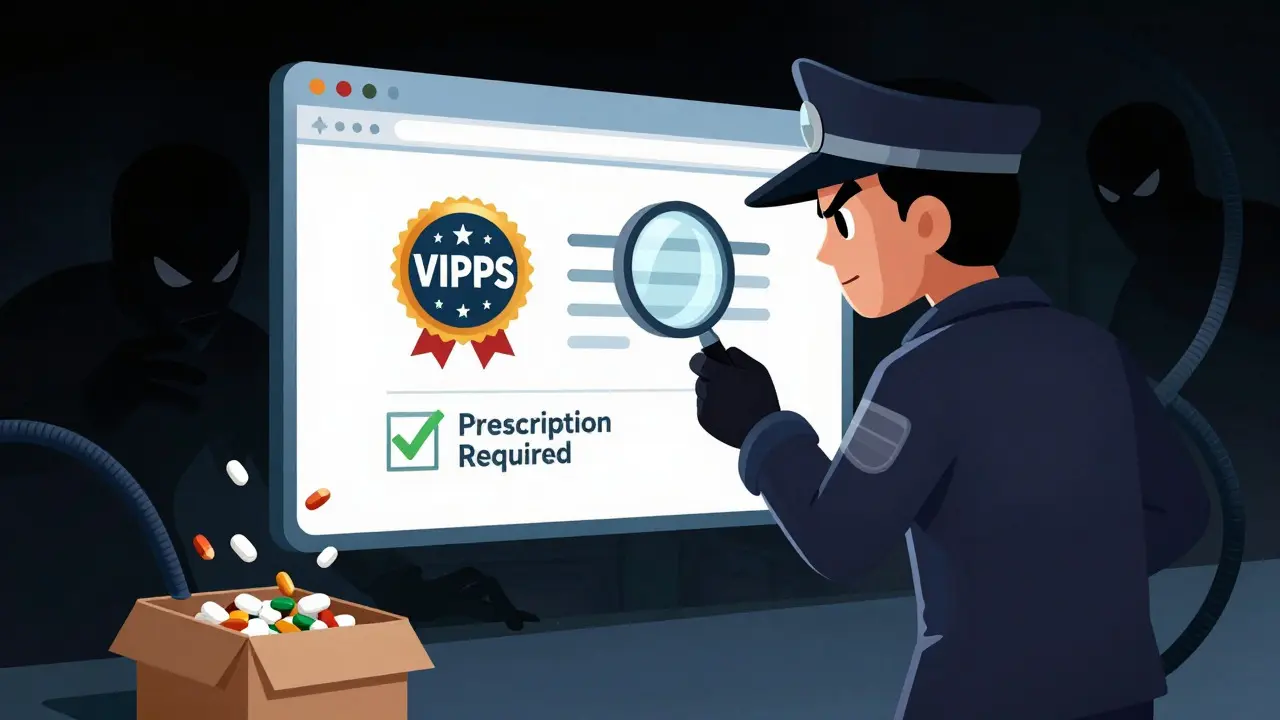 Detective checking pharmacy safety seals against scams