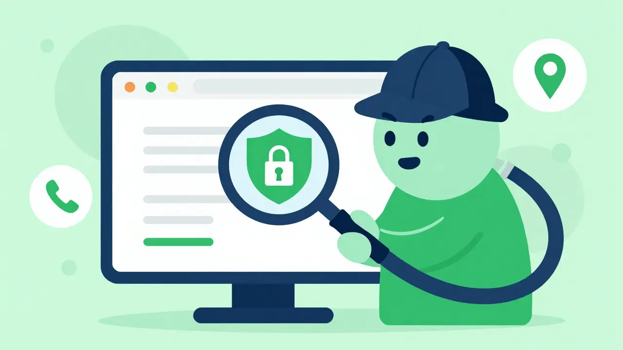 Detective-style cartoon character inspecting a secure online pharmacy interface with a magnifying glass