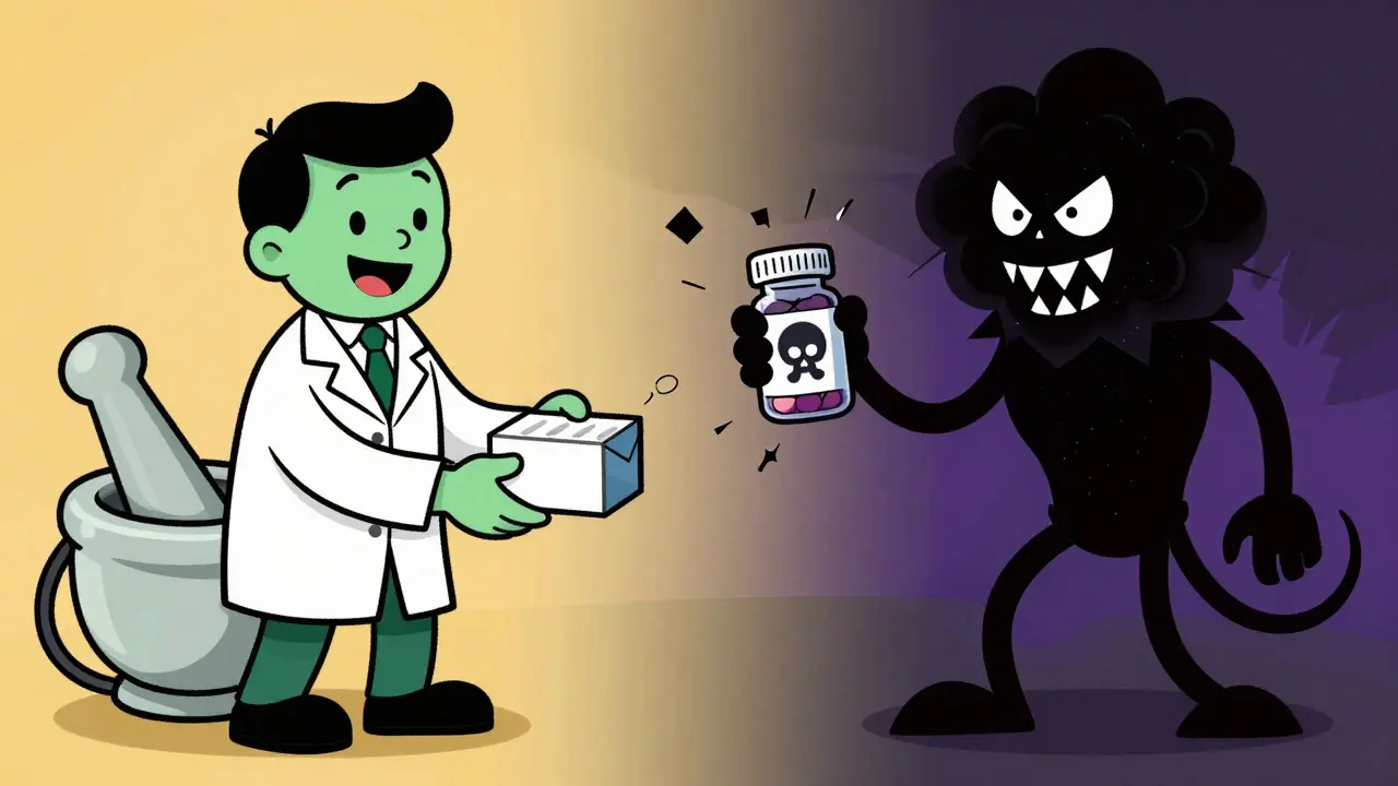 Friendly pharmacist vs shady villain selling fake pills