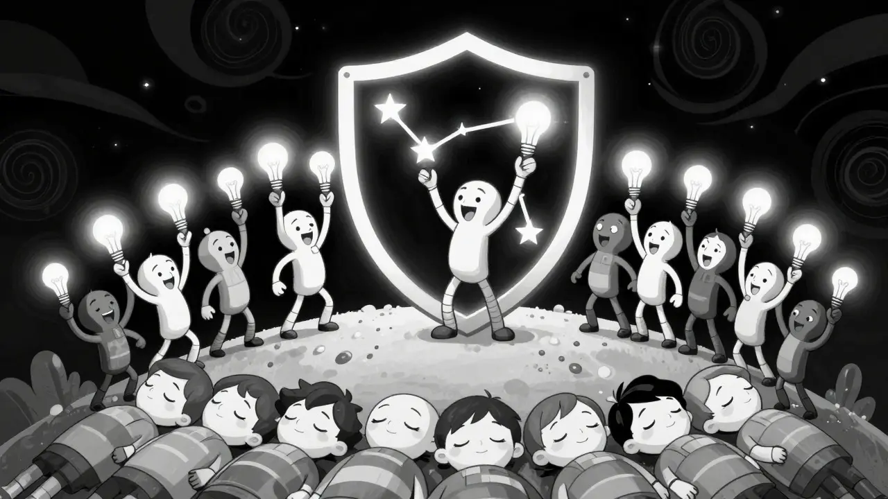 Group of cartoon characters creating a protective shield