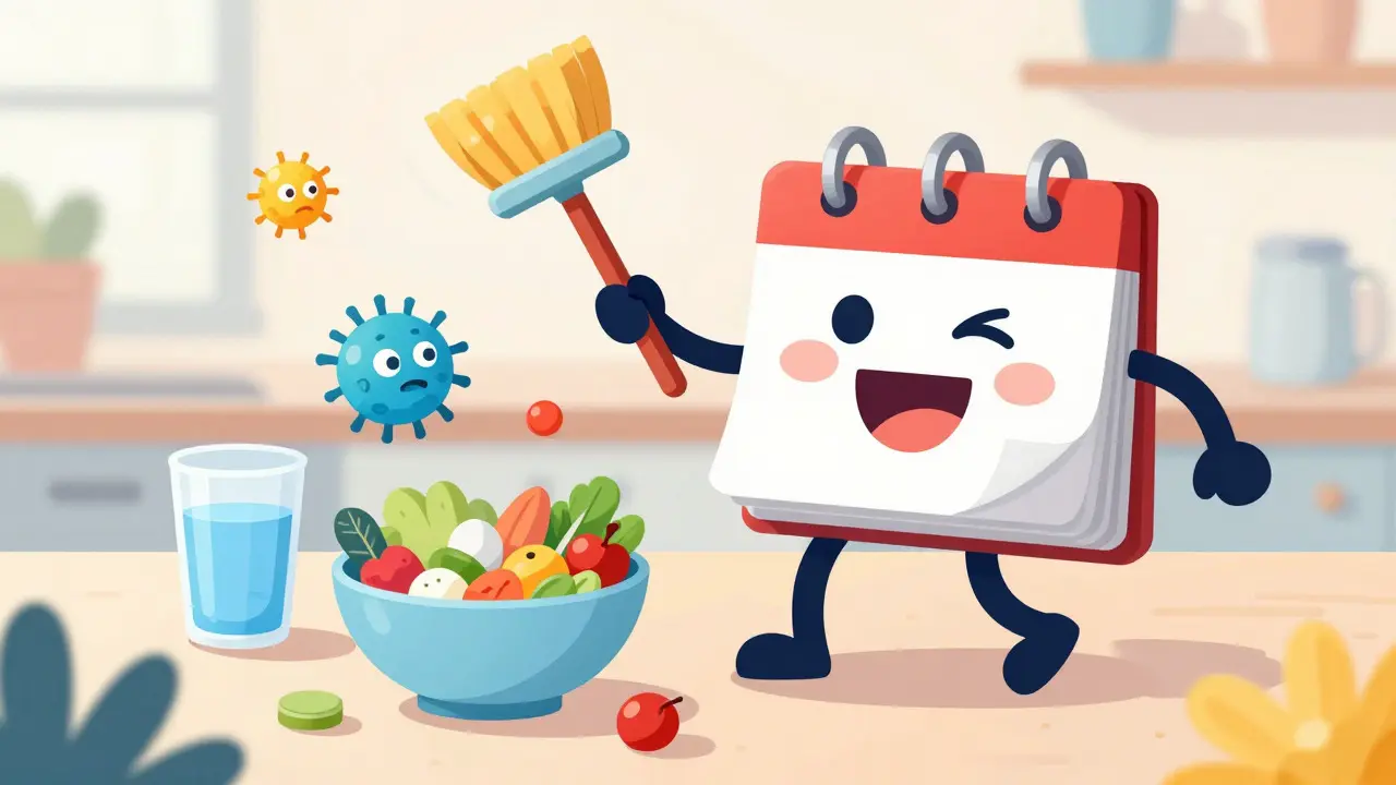 Happy calendar character sweeping away bacteria germs
