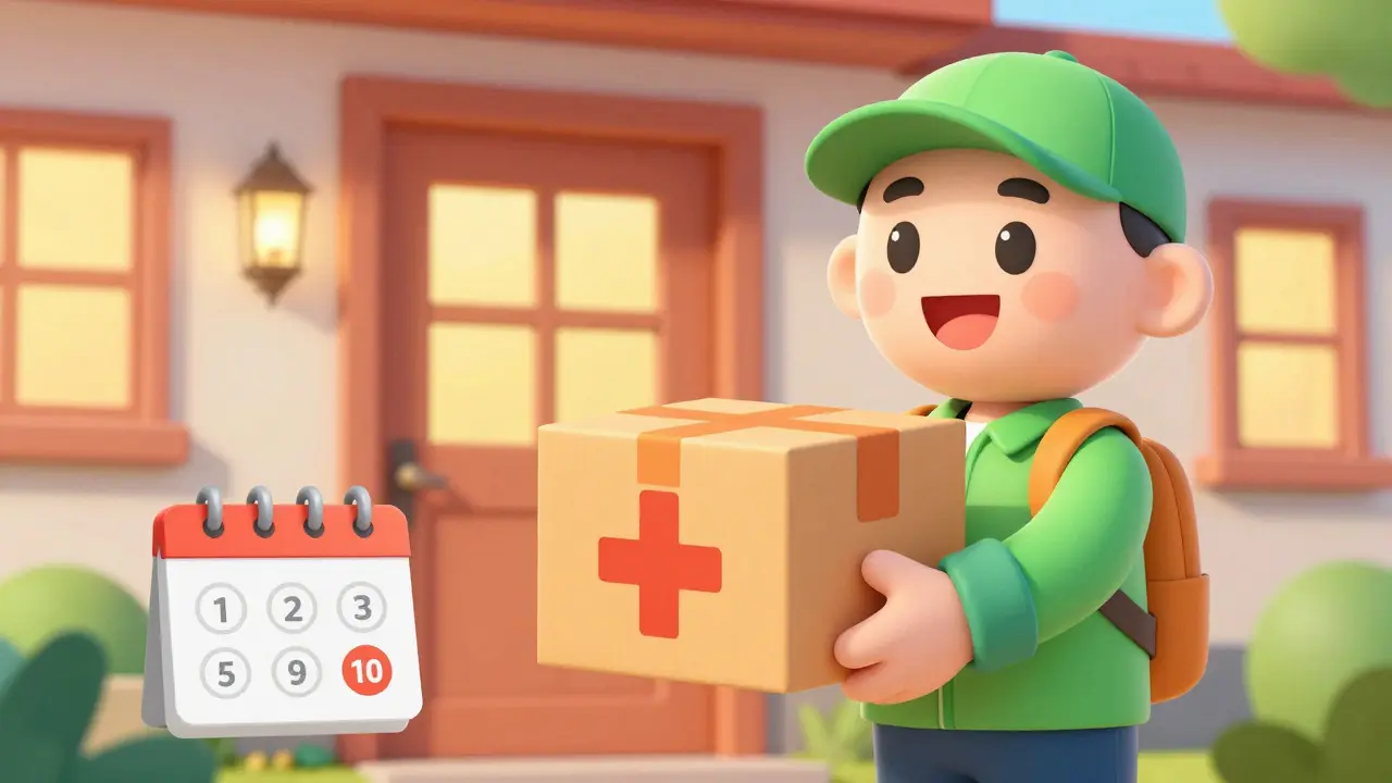 Happy character receiving a medication delivery package at home