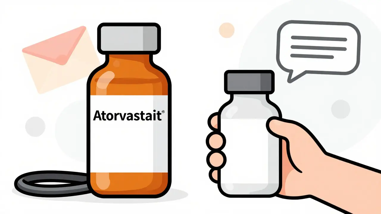 Illustration comparing a fancy medicine bottle with a simple generic bottle held by a hand