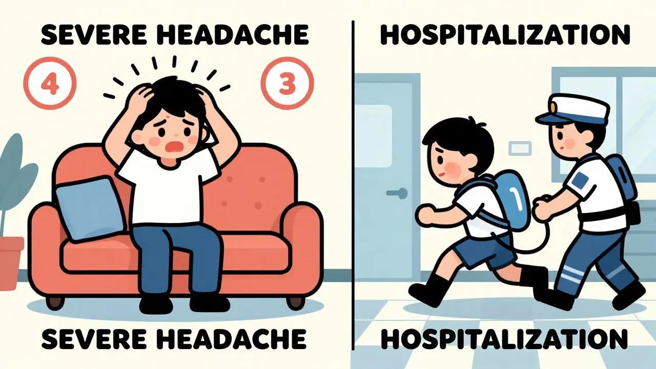 Illustration comparing severe headache at home vs mild rash causing hospitalization