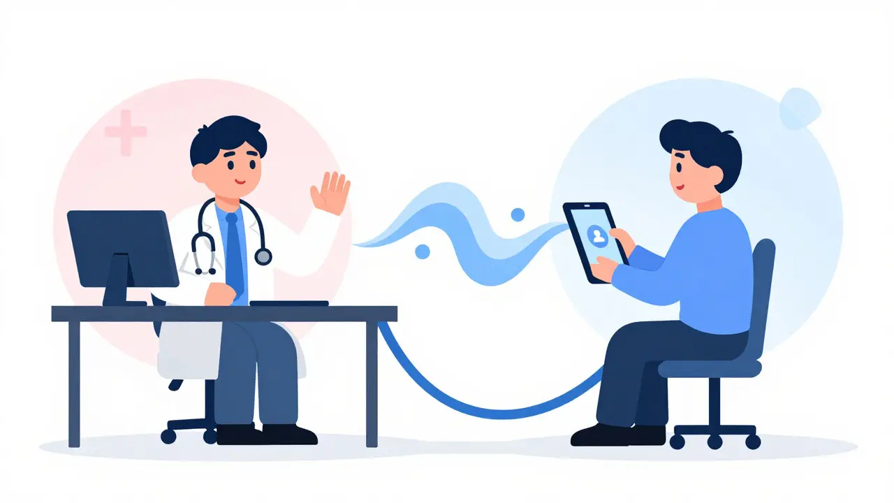 Illustration of a telehealth video consultation between doctor and patient