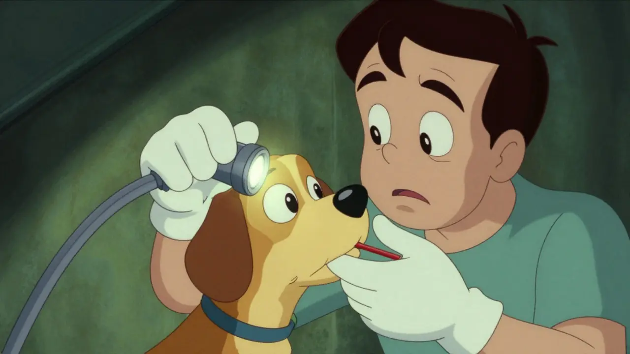 Owner checking dog's pupils and temperature in retro cartoon style