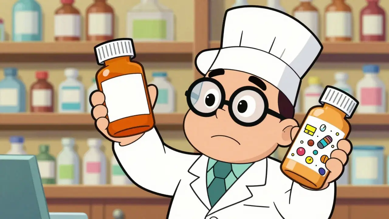 Pharmacist comparing brand and generic pill bottles with visible ingredients