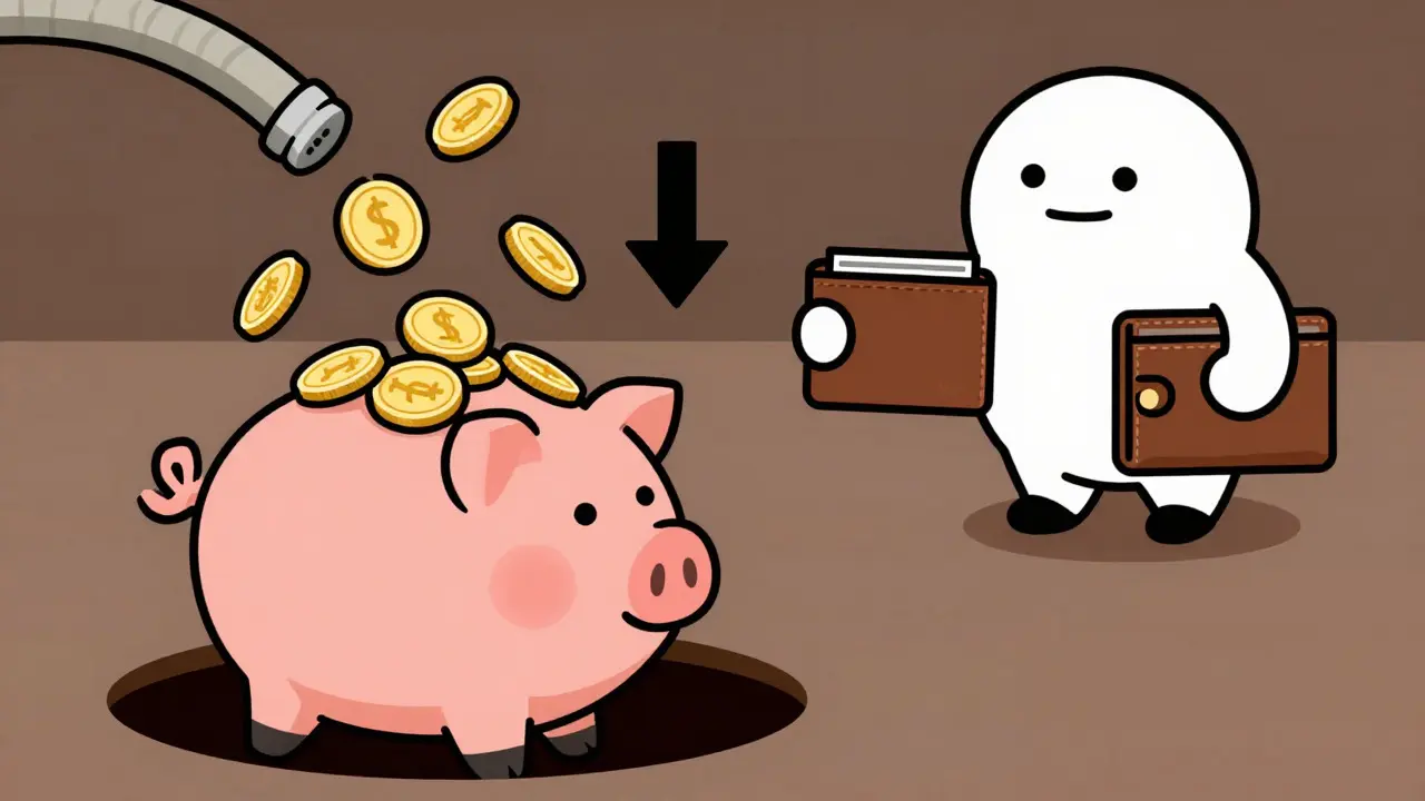 Piggy bank overflowing with coins while a cartoon patient looks worried