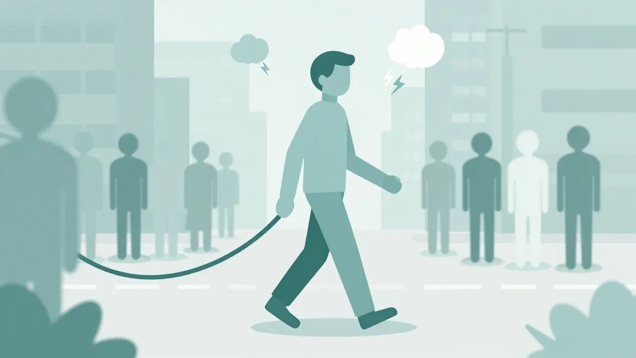 Stylized figure walking calmly through a city with fading anxiety effects