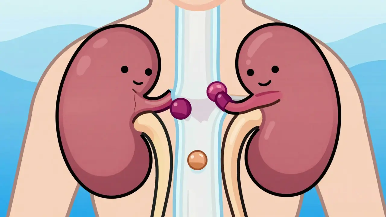 Stylized kidneys filtering cartoon pills to show renal clearance differences