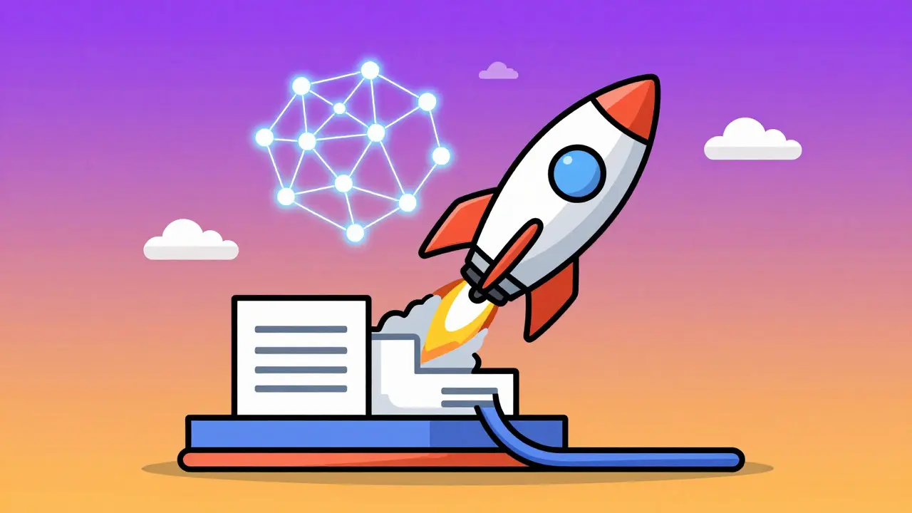 Stylized pill rocket launching towards a digital network