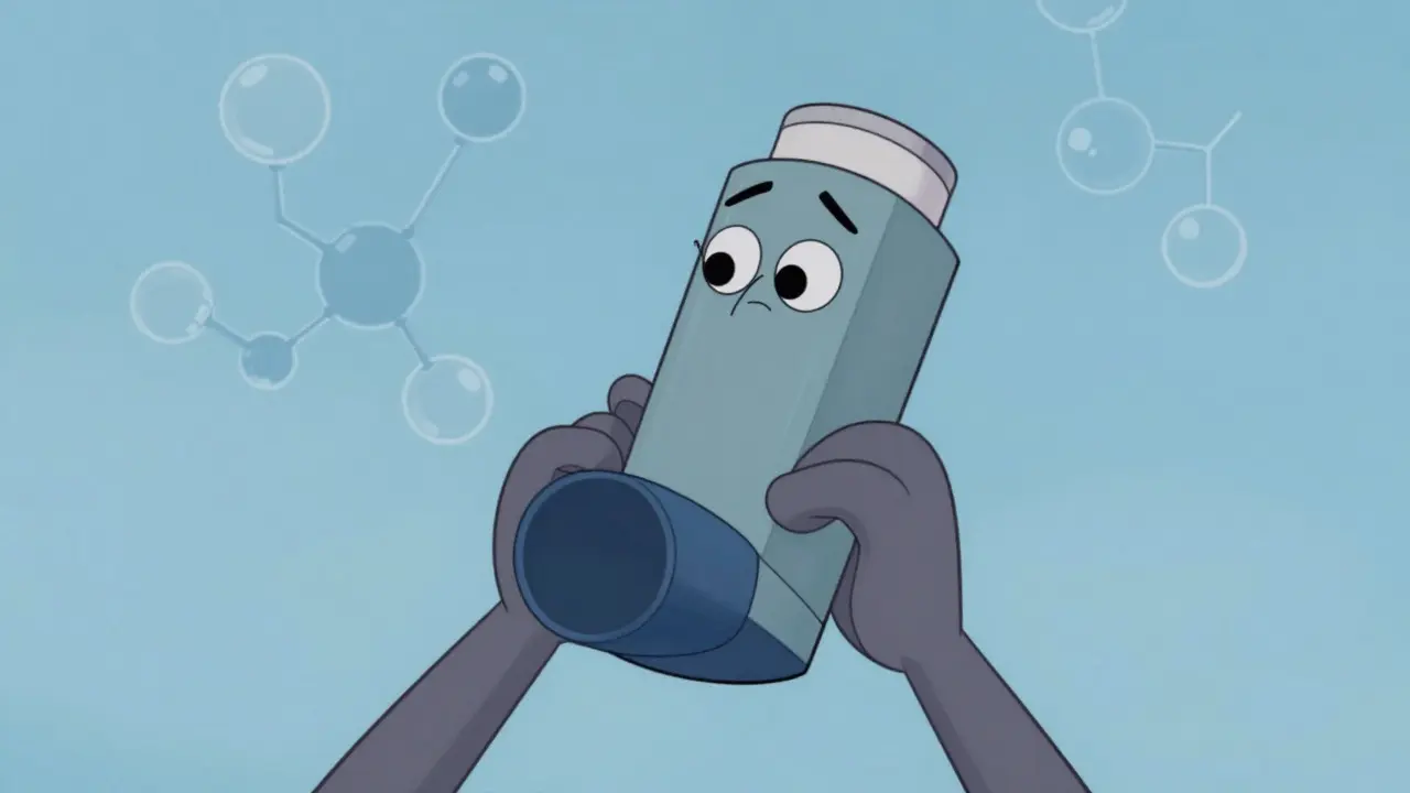 Whimsical mechanical inhaler with a face surrounded by molecule bubbles