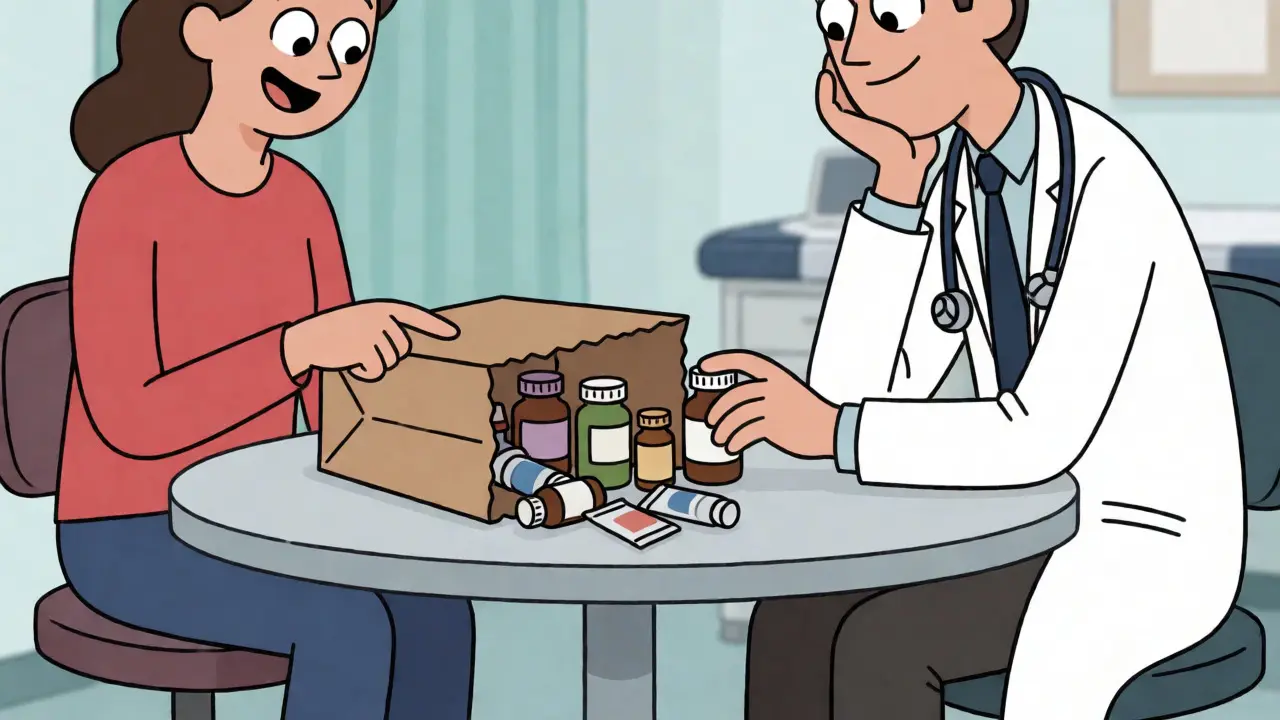 Doctor and patient review medications from a brown bag during a collaborative consultation.