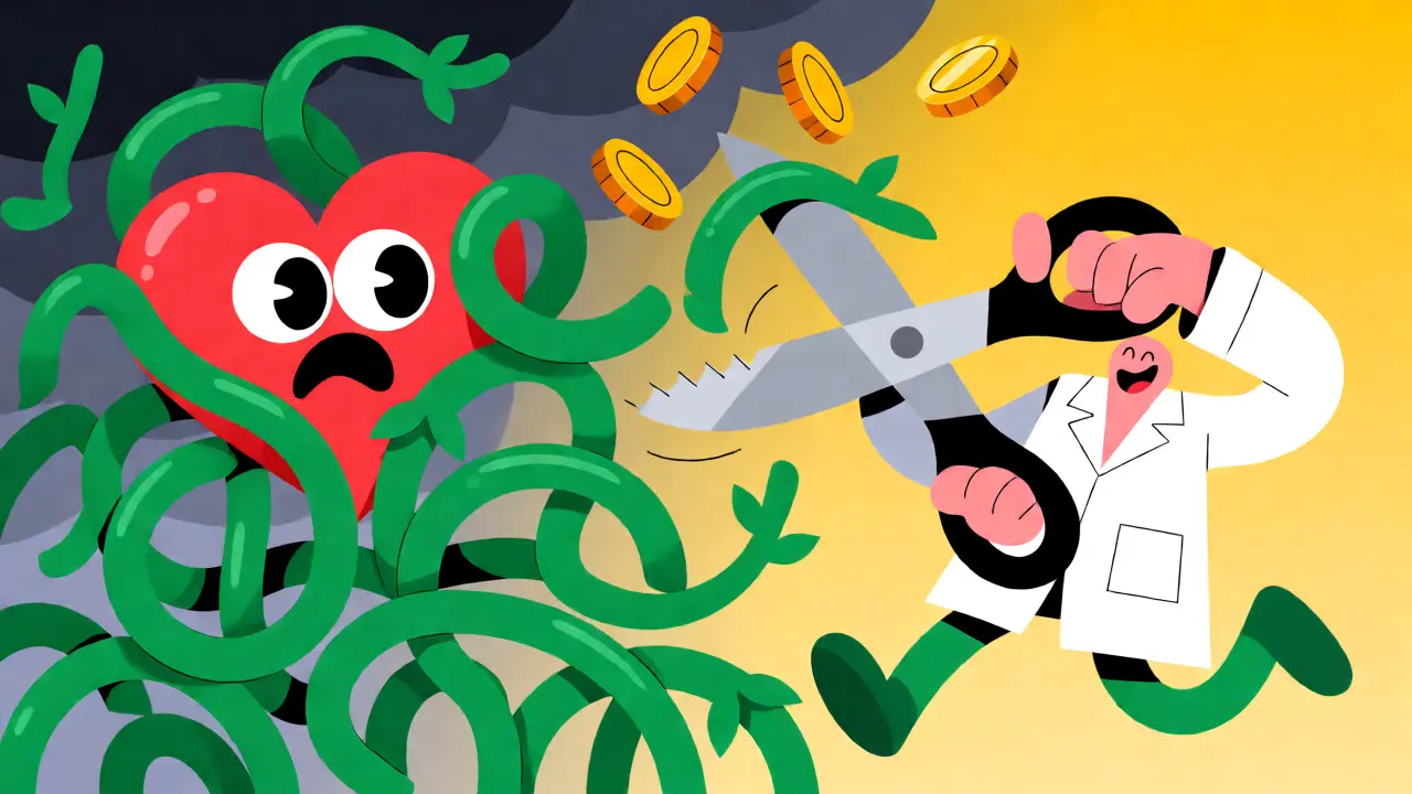 Pharmacist cuts drug interaction vines to release savings in a split-screen cartoon scene.