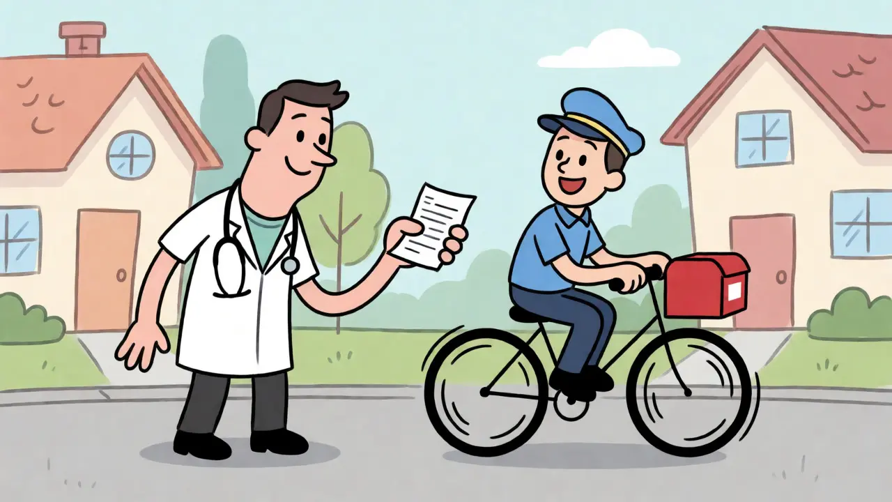 Rubber hose style cartoon doctor and mail carrier exchanging a prescription