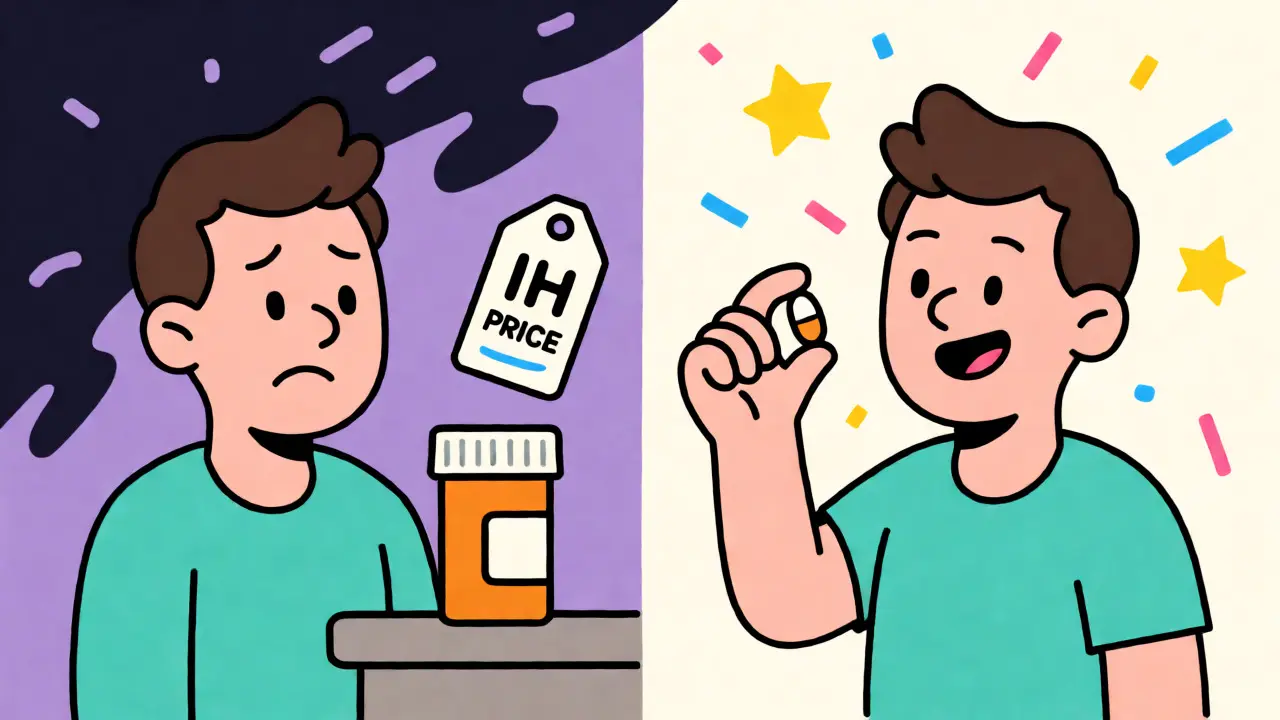Split screen cartoon showing stressed patient versus happy patient with cheap pills